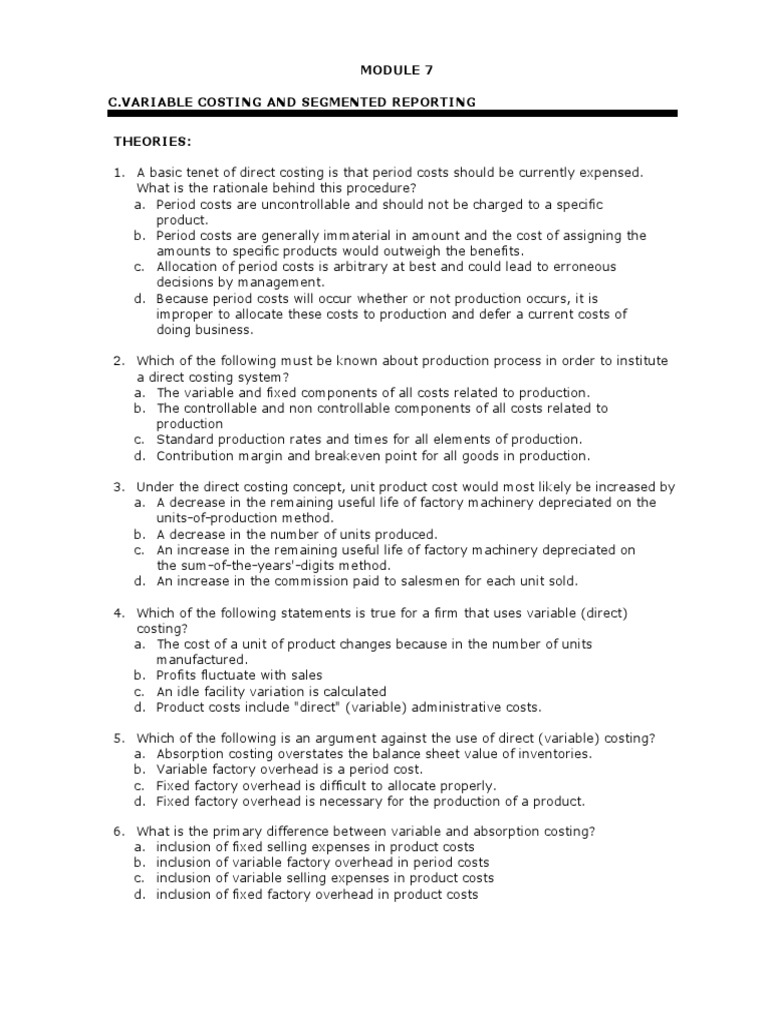 Variable Costing & Segmented Reporting (Module 7-C) | PDF | Inventory ...