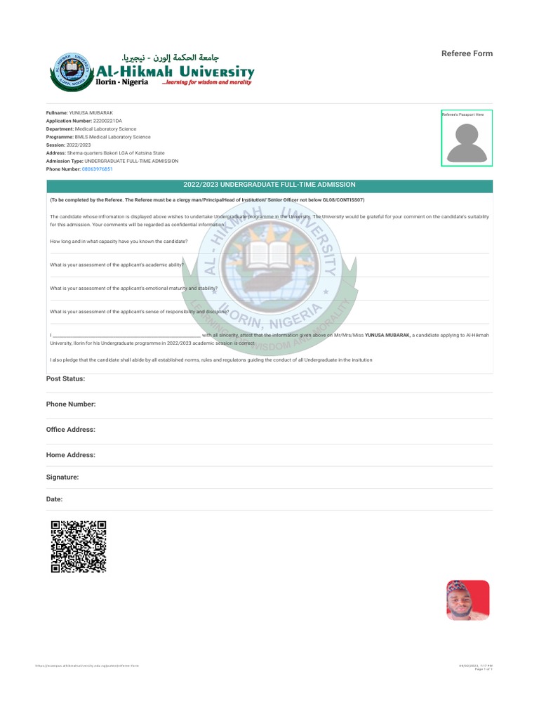 Referee Form for Al-Hikmah Admission | PDF | Science