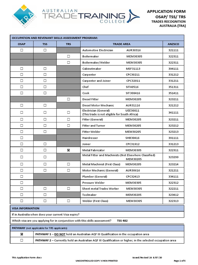 OSAP/TRS Skills Assessment Form | PDF | Vocational Education | Machinist