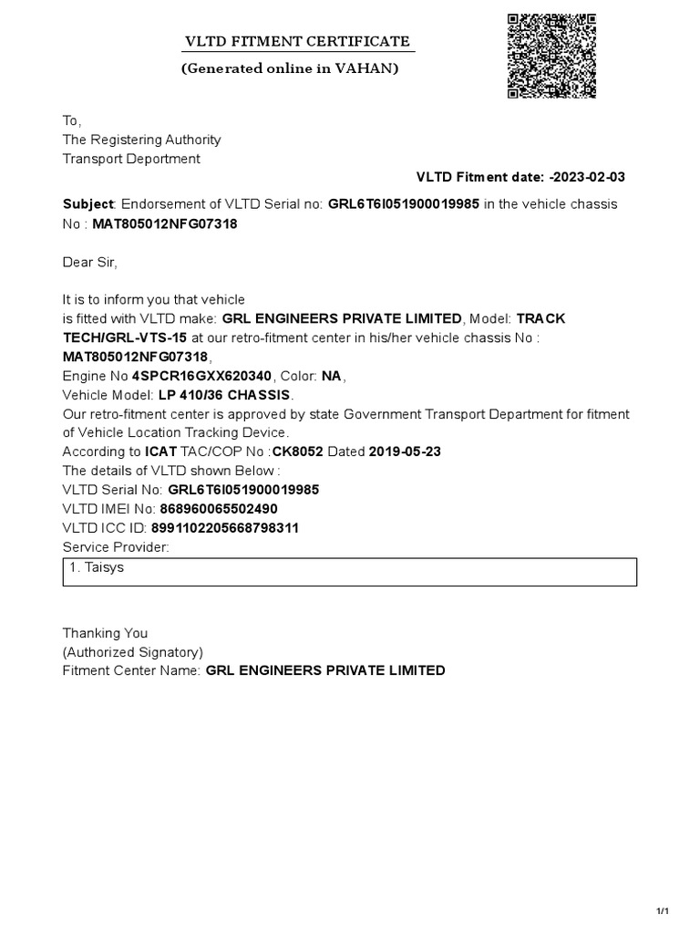 VLTD Fitment Certificate Details | PDF | Finance & Money Management ...