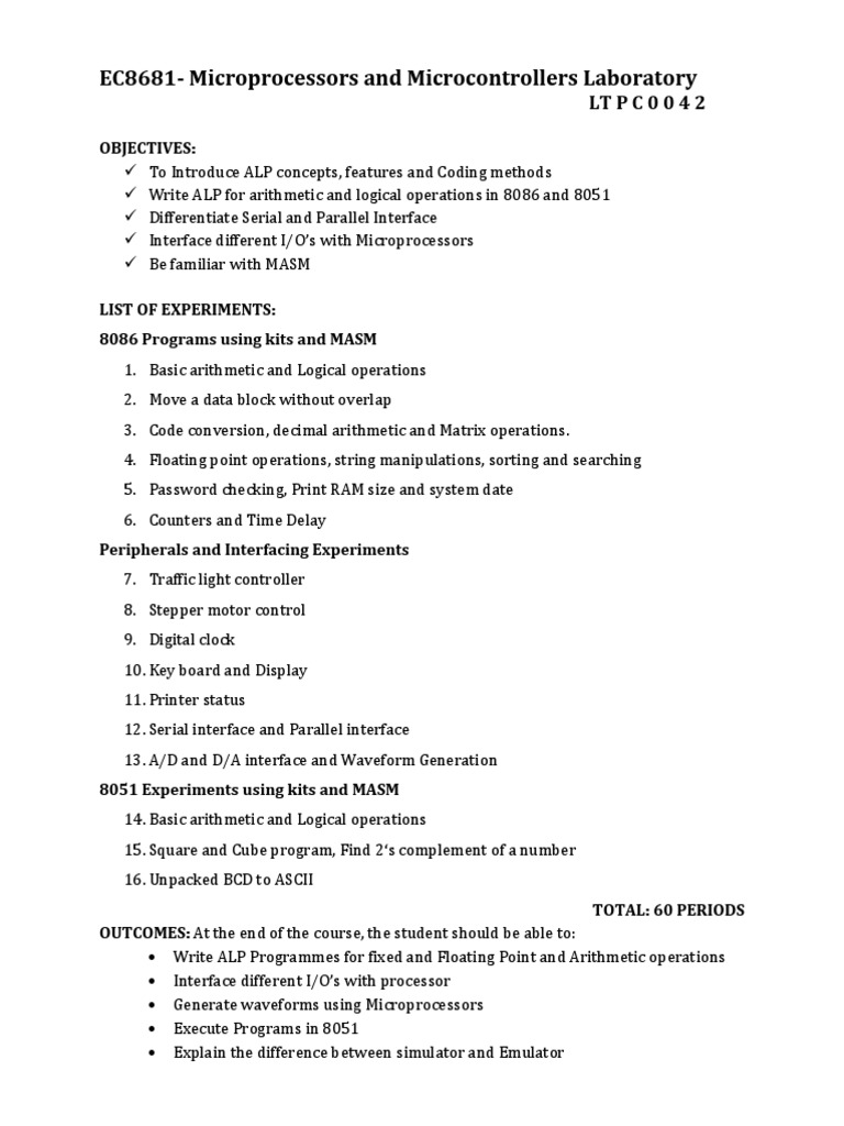 EC 8681 MPMC Lab Syllabus | PDF | Teaching Methods & Materials