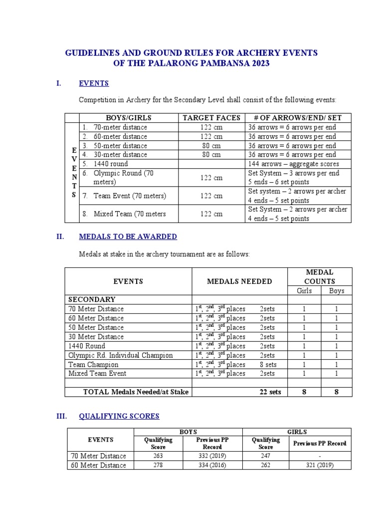 Archery Guidelines for Palarong Pambansa 2023 | PDF | Scoutcraft | Archery