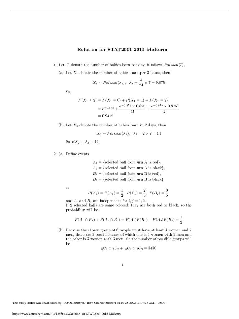 STAT2001 2015 Midterm Solutions | PDF