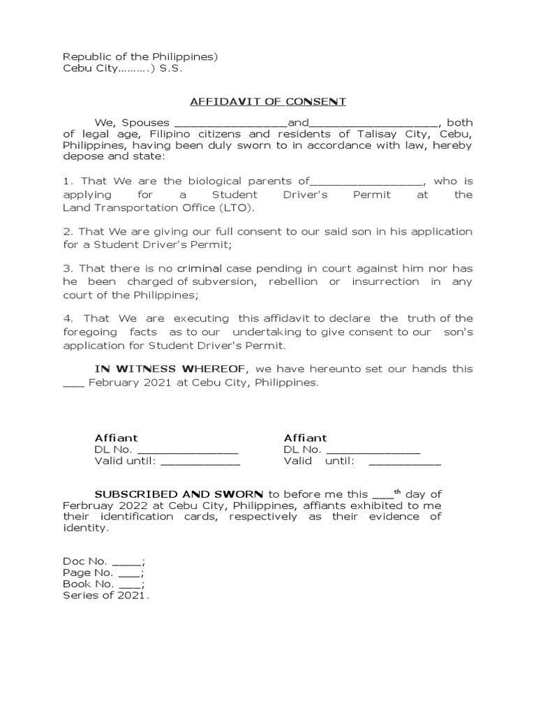 Affidavit of Consent for Student Permit | PDF
