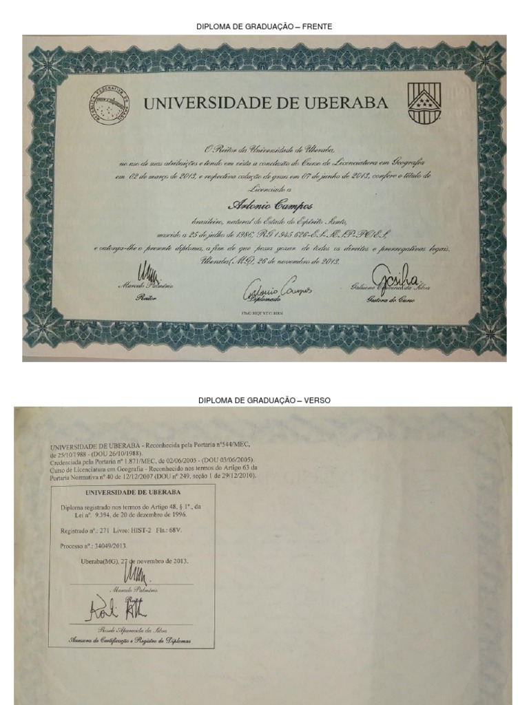 Diploma de Graduação e Histórico de Graduação | PDF