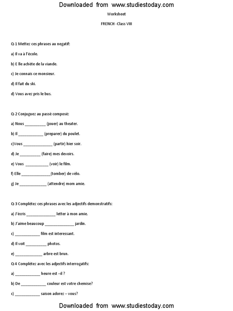 Cbse Class 8 French Worksheet Pdf