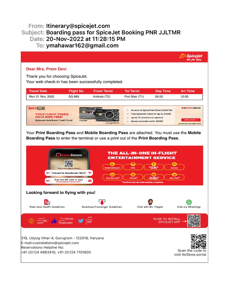 Boarding Pass For SpiceJet Booking PNR JJLTMR PDF