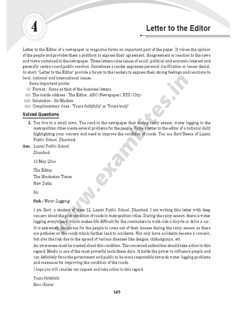 Image Result For Letter To Editor Previous Year Questions Class