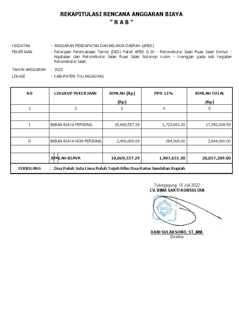 Rencana Anggaran Biaya APBD 2022 | PDF