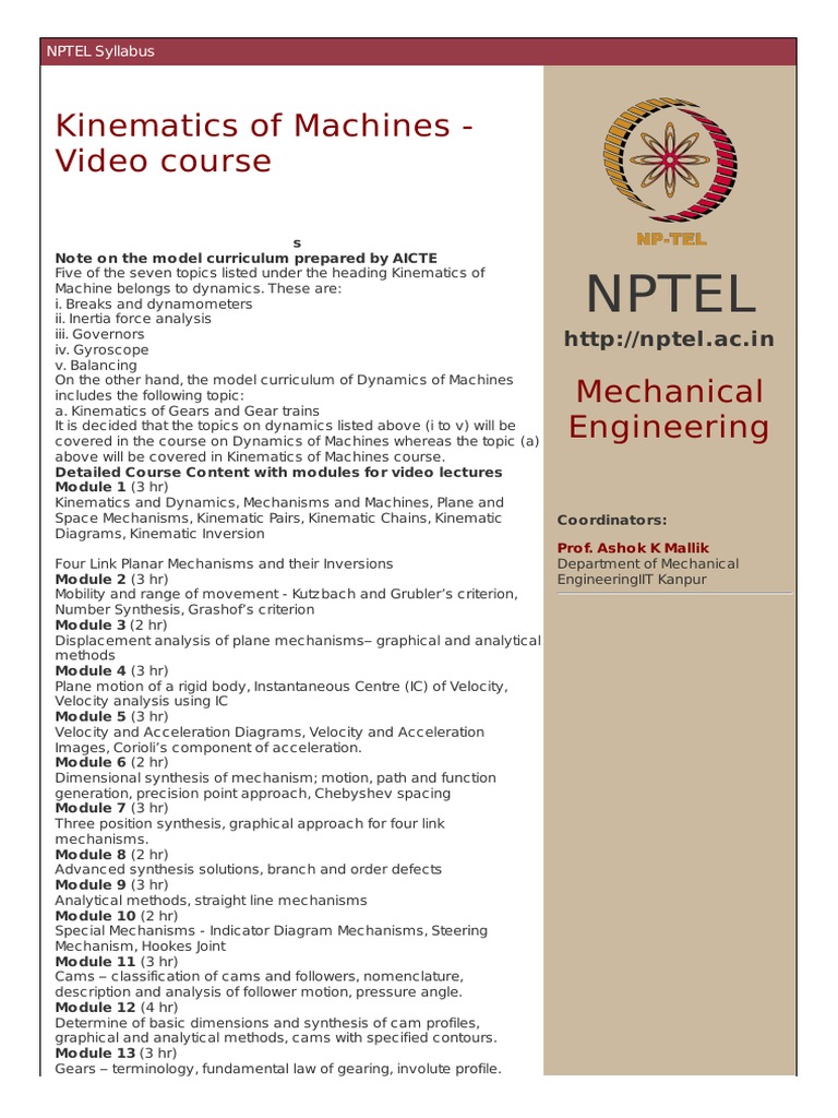 Kinematics of Machines Course Overview | PDF | Kinematics | Gear