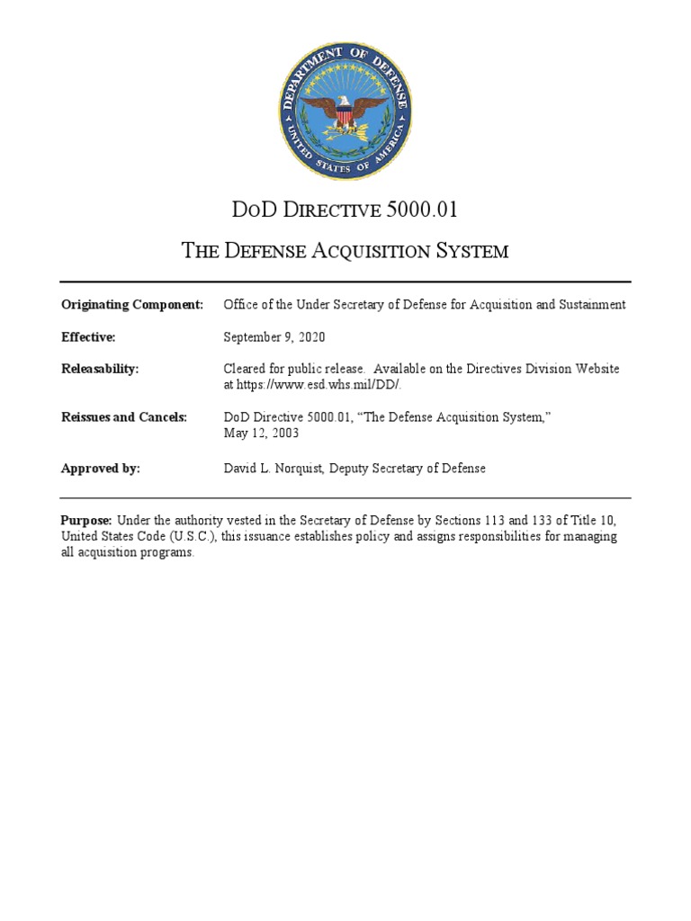 DoDD 5000.01 The Defense Acquisition System PDF United States