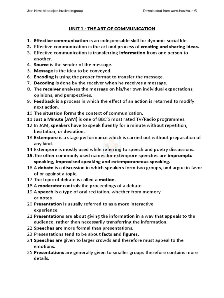Hsslive Xi Comm English Unit 1 Notes by Judith | PDF | Communication ...
