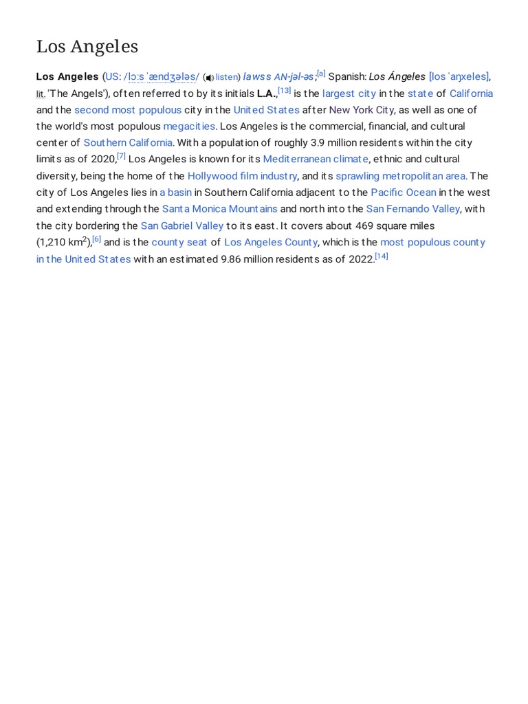 Los Angeles - Wikipedia | PDF | Los Angeles | Race And Ethnicity In The