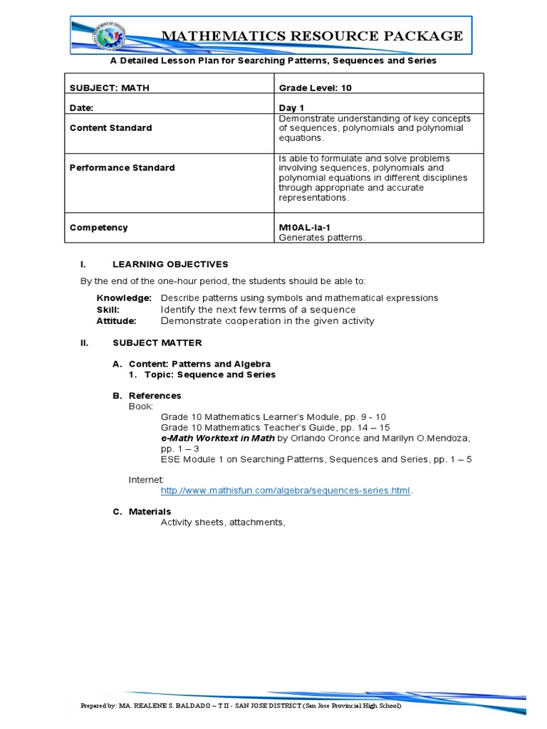 Grade 10 Math Lesson on Sequences | PDF | Mathematics | Teachers