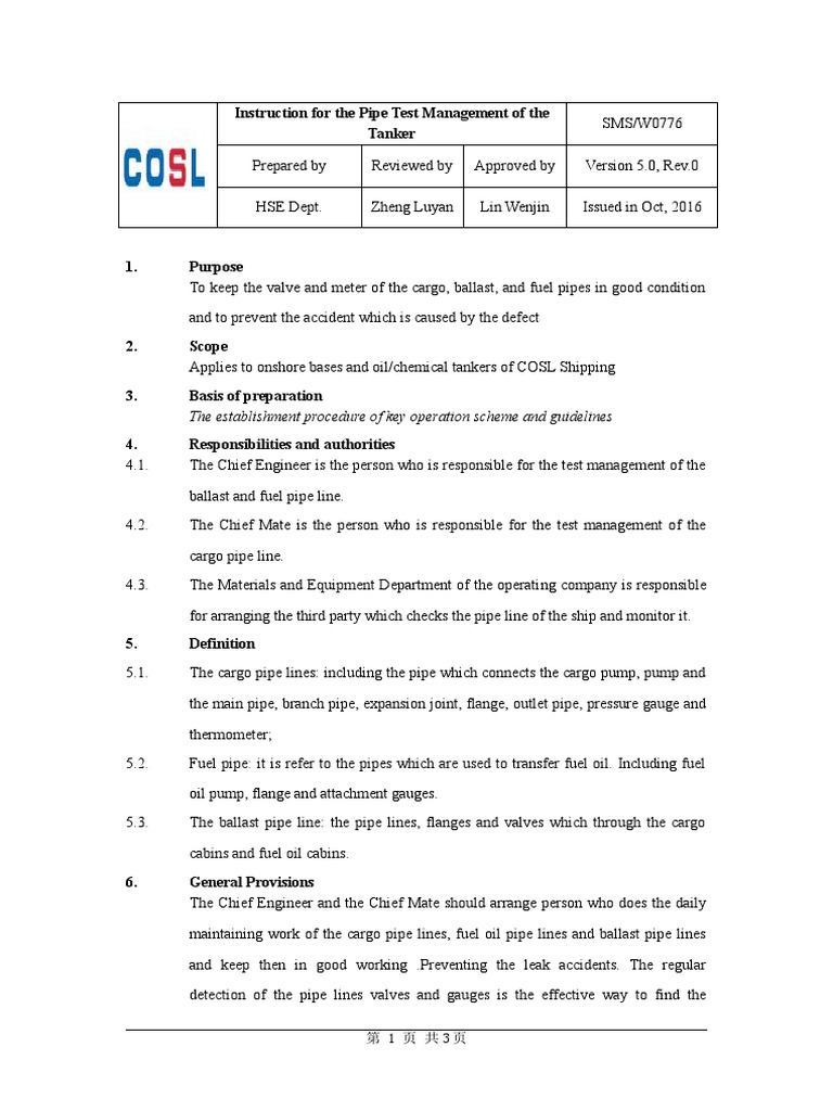 SMS W 0776 Instruction For The Pipe Test Management of The Tanker PDF
