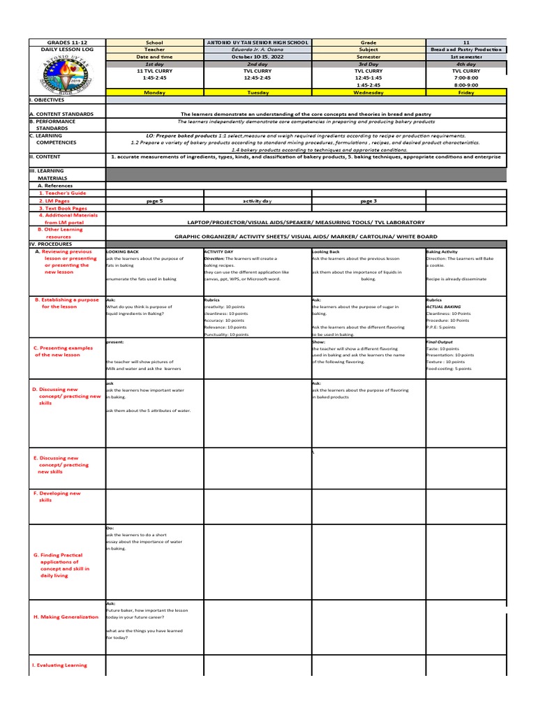 Bread and Pastry DLL Week 2 PDF Learning Baking