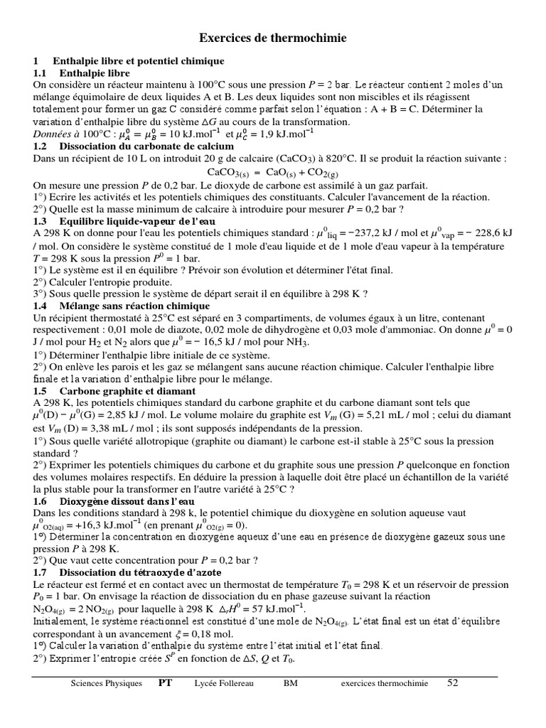 Exercices de thermochimie au lycée | PDF | Équilibre chimique ...