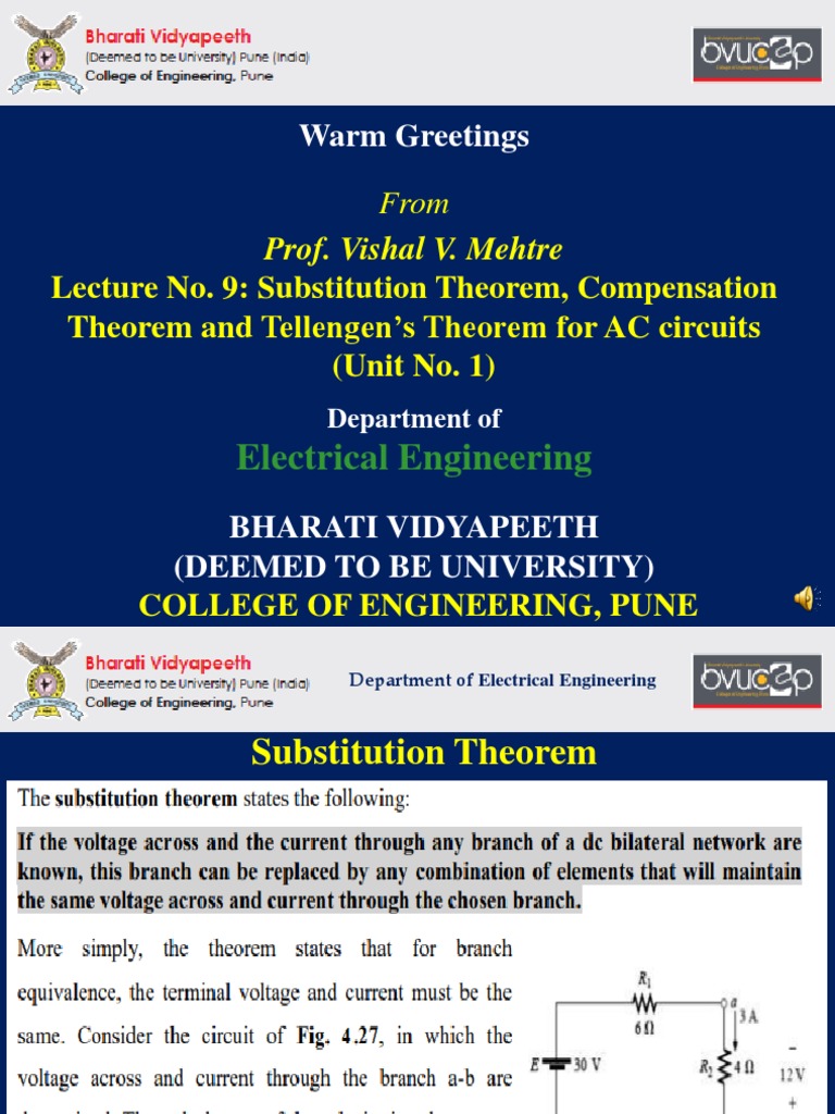 Lecture No. 9 Substitution Theorem, Compensation Theorem and
