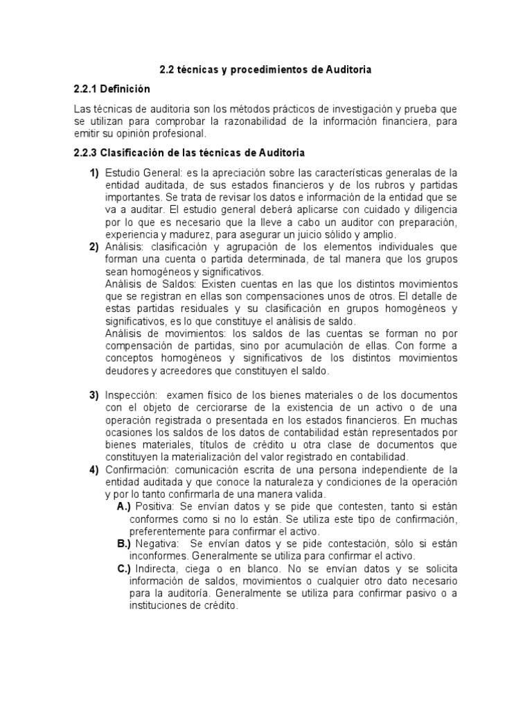 Técnicas Y Procedimientos De Auditoria Pdf Auditoría Contabilidad