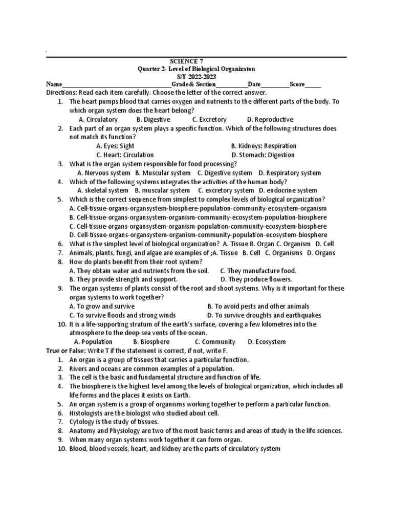 Summative Test On Level of Biological Organization | PDF | Biology ...