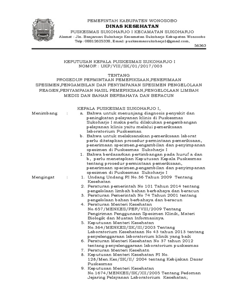8.1.1.a SK Prosedur Permintaan Pemeriksaan, Penerimaan Spesimen, Pengambilan Dan Penyimpana