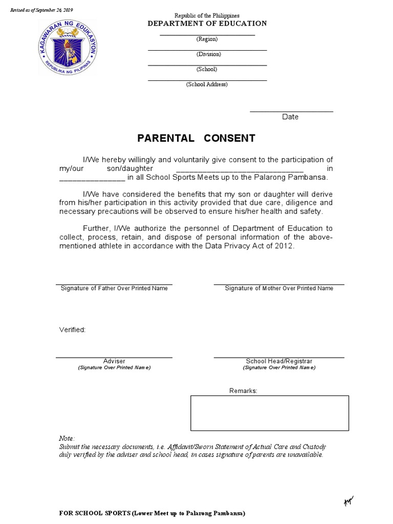 Parental Consent Form for Student Participation in School Sports Meets ...