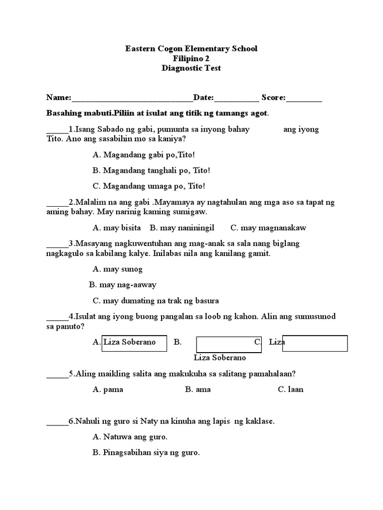Diagnostic Test Filipino PDF