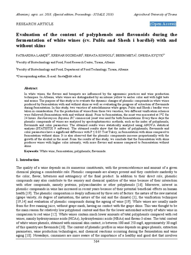 Evaluation of the content of polyphenols and flavonoids during the fermentation of white wines