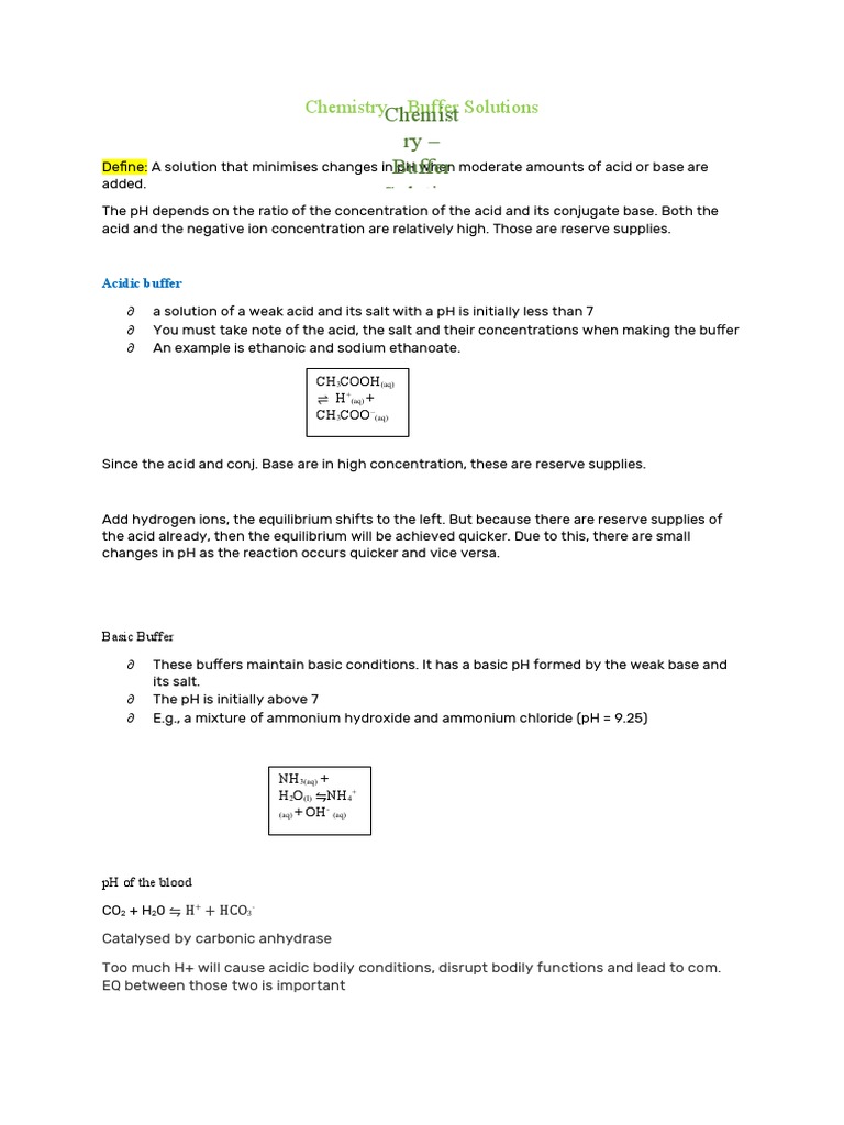 Chemistry Buffer Solutions PDF Buffer Solution Acid