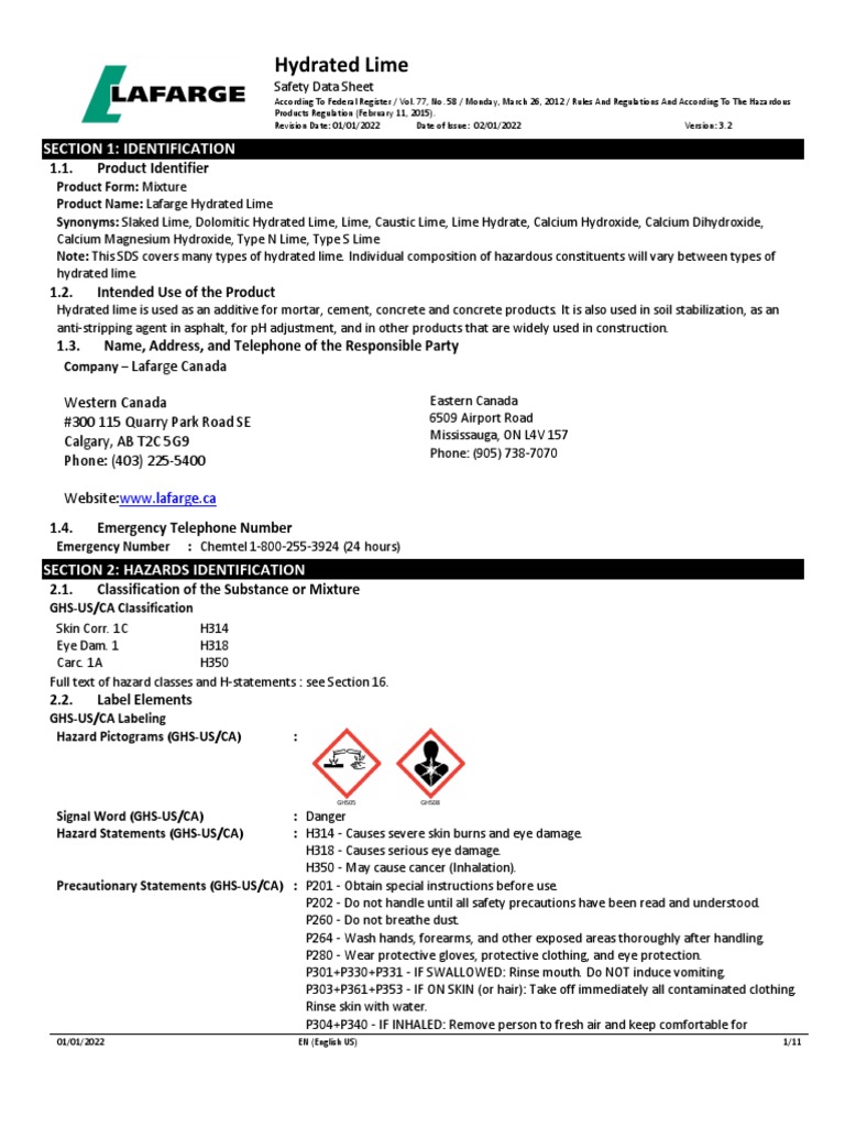 Hydrated Lime Safety Data Sheet | PDF | Lung | Cement