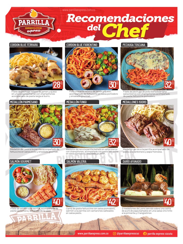 Menú de platos y bebidas de Parrilla Express | PDF | filete | Cocinando