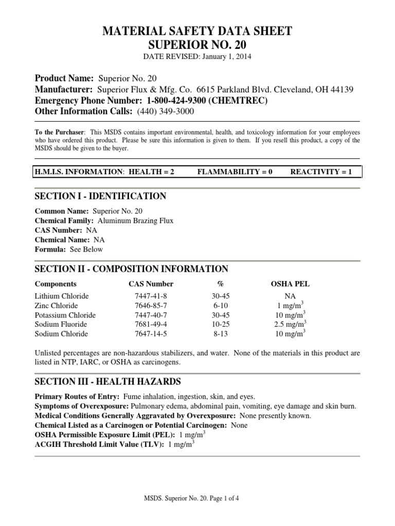 Material Safety Data Sheet for Superior No. 20 Flux A Comprehensive