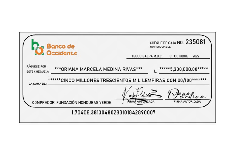 Ejemplo de Cheque de Caja en Honduras | PDF
