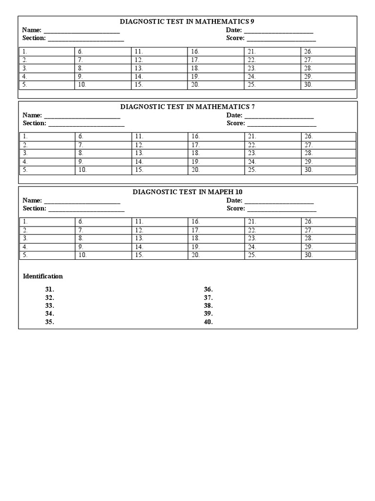 Diagnostic Tests in Mathematics and MAPEH | PDF | Games & Activities | Art
