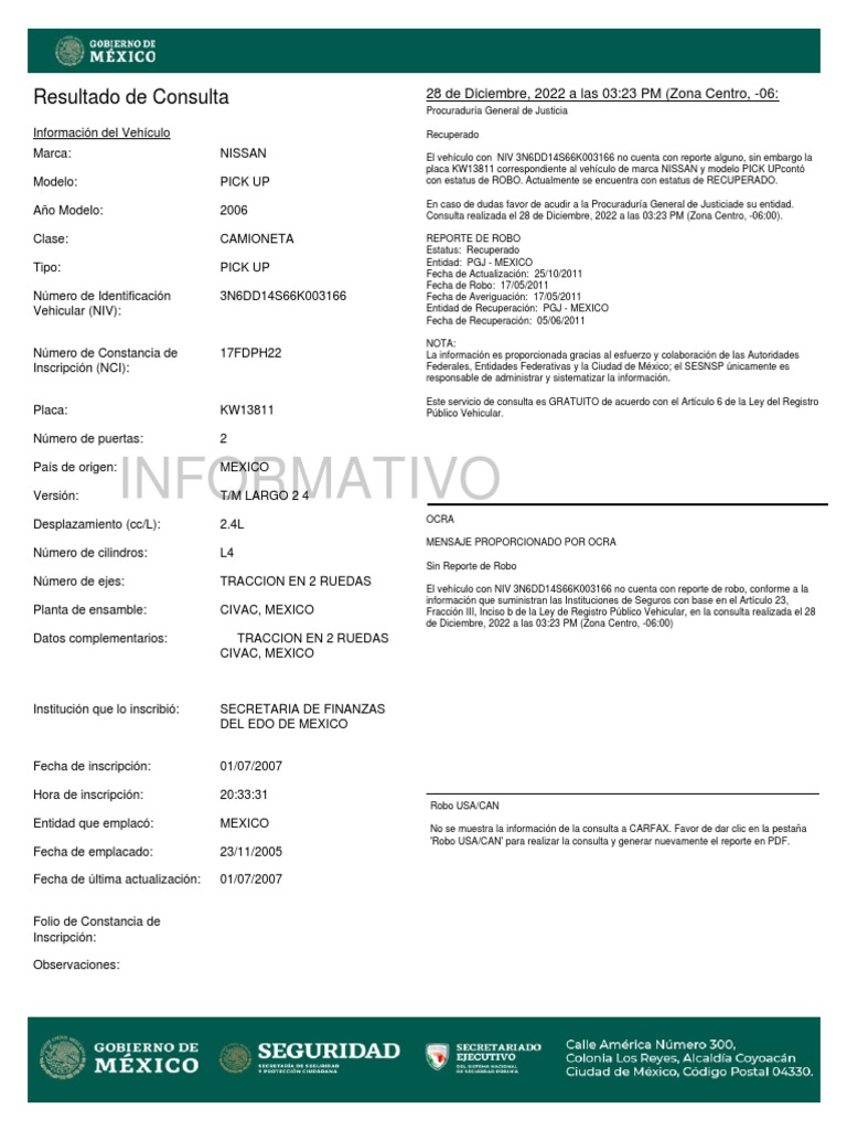 Informaci&oacute;n sobre la Hoja de REPUVE | PDF | Veh&iacute;culos | Veh&iacute;culo de motor