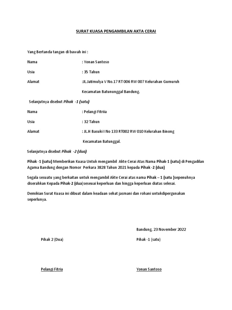 Surat Kuasa Pengambilan Akta Cerai | PDF