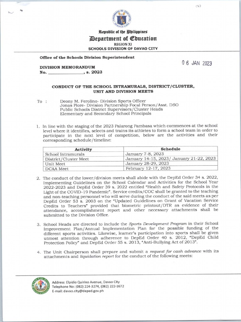 2023 unnumbered memo re conduct of the school intramurals district