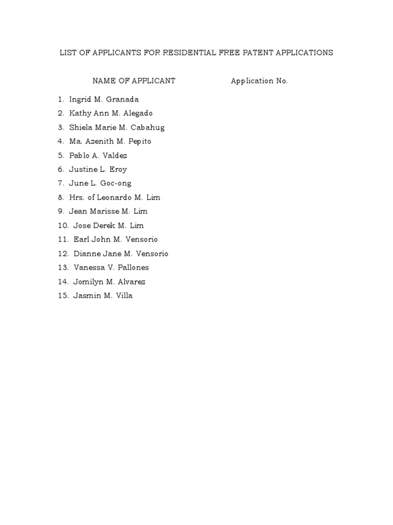 List of 15 Applicants for Residential Free Patent Applications PDF
