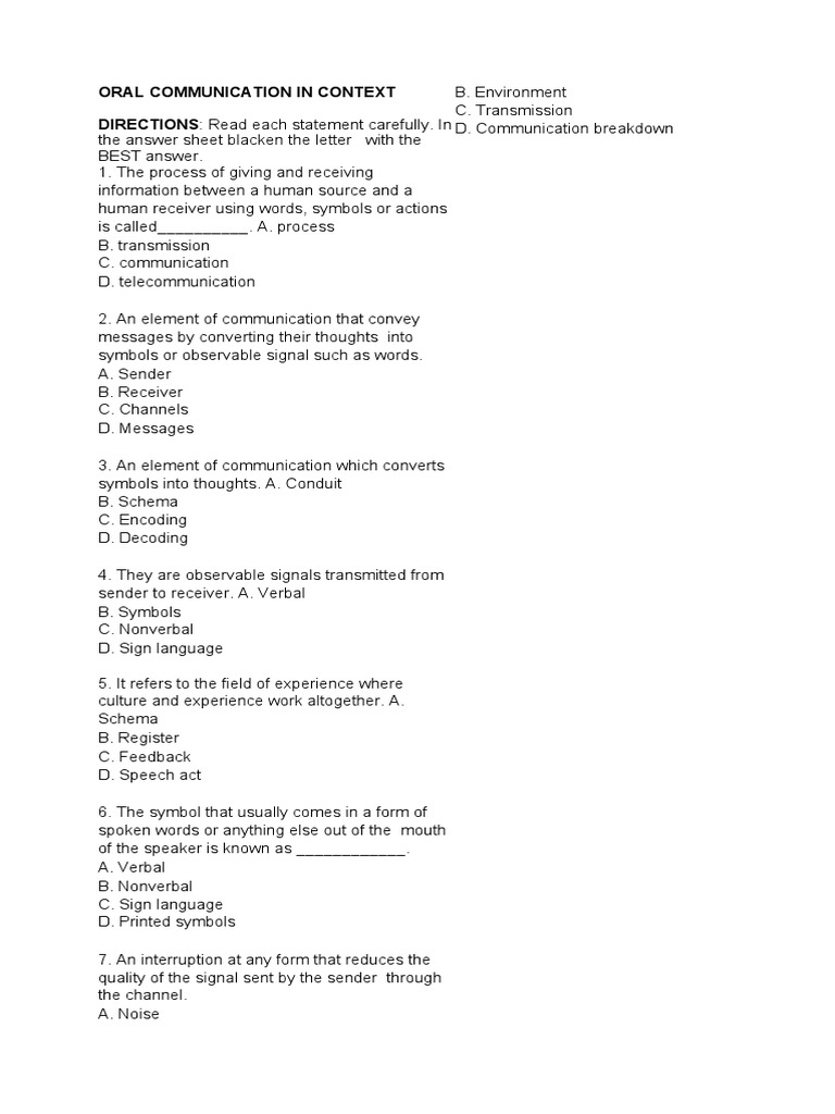 Oral Communication Concepts Quiz | PDF | Communication | Nonverbal ...