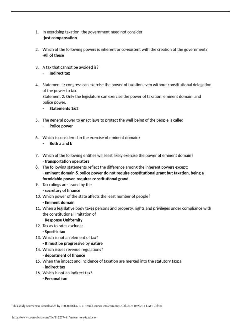 Answer Key Tax PDF Taxes Eminent Domain