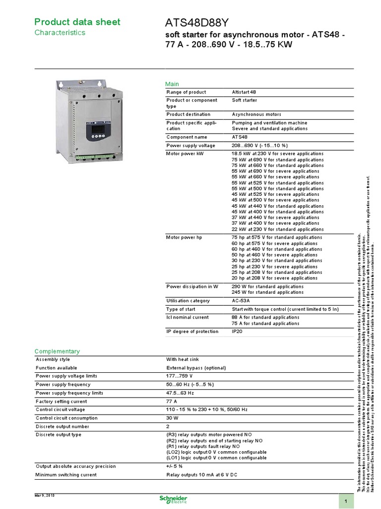 Product Data Sheet for the ATS48D88Y Soft Starter for Asynchronous