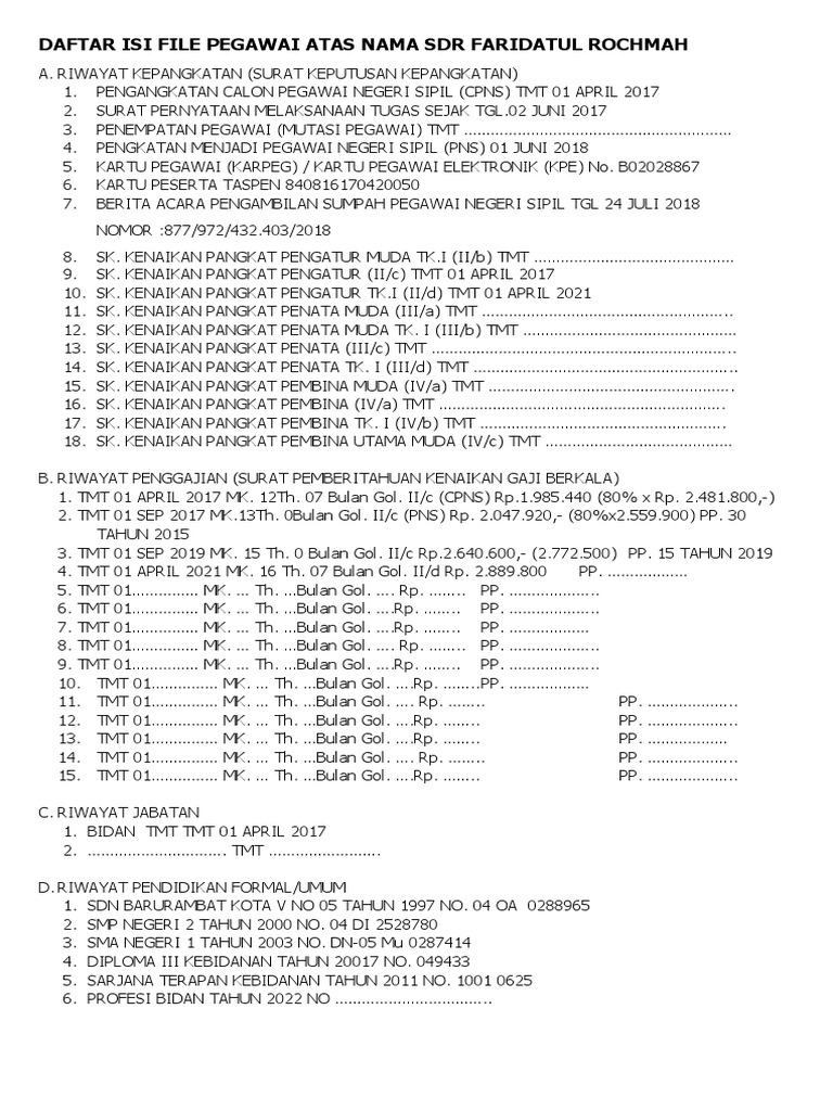 Daftar Isi File Pegawai Atas Nama SDR Faridatul Rochmah | PDF