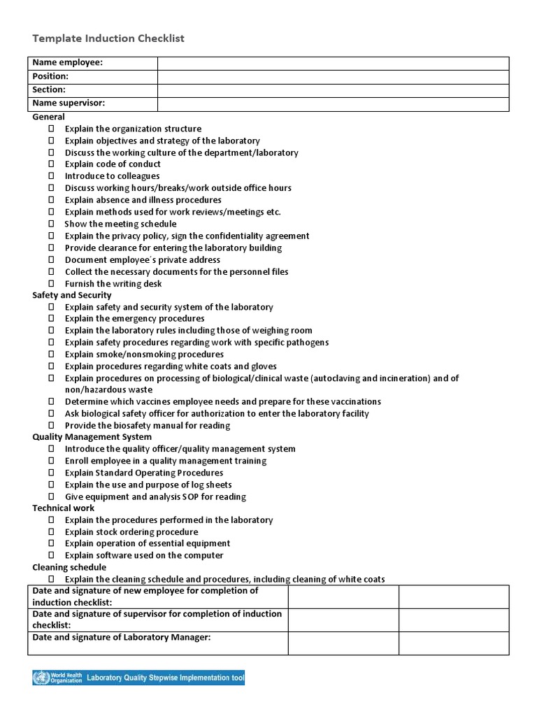 Laboratory Induction Checklist | PDF
