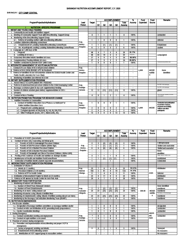 Barangay Nutrition Report 2020 Summary | PDF | Breastfeeding ...