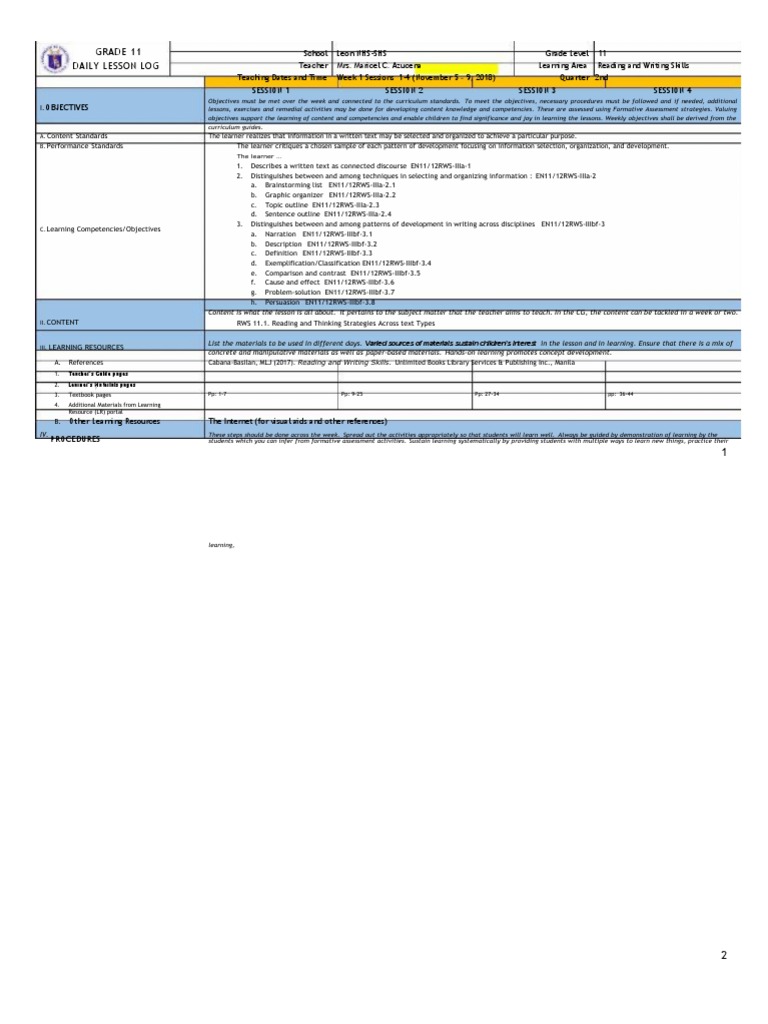 DLL Reading Writing Week 1 PDF Learning Teachers