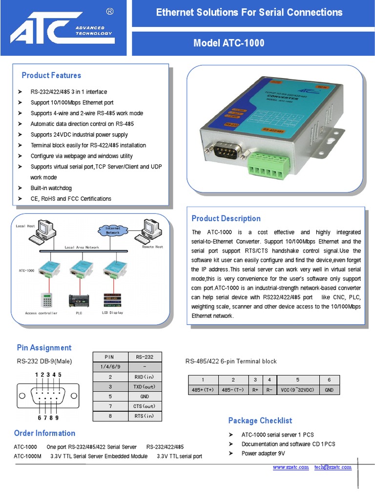 ATC-1000 Serial-to-Ethernet Converter | PDF | Networking Standards ...