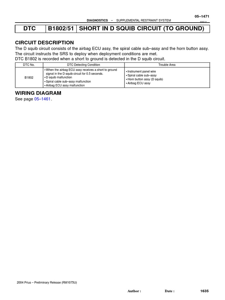 DTC B1802/51 Short in D Squib Circuit (To Ground) PDF Airbag