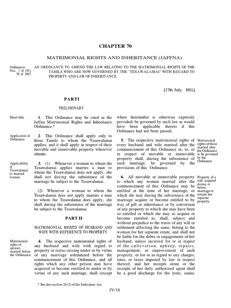 Matrimonial Rights & Inheritance (Jaffna) | PDF | Intestacy | Marriage