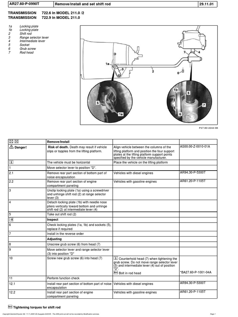 W211 Gearbox Shift Rod Remove Install PDF Screw Mechanical