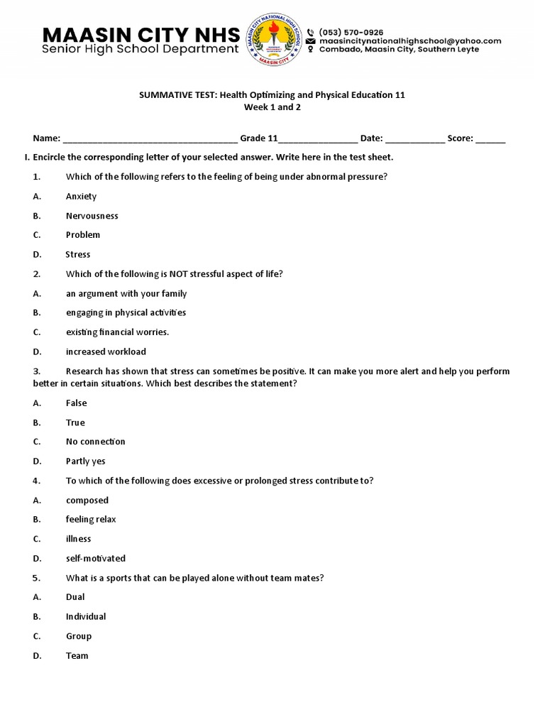 Grade 11 Health & PE Summative Test | PDF | Stress (Biology) | Anxiety